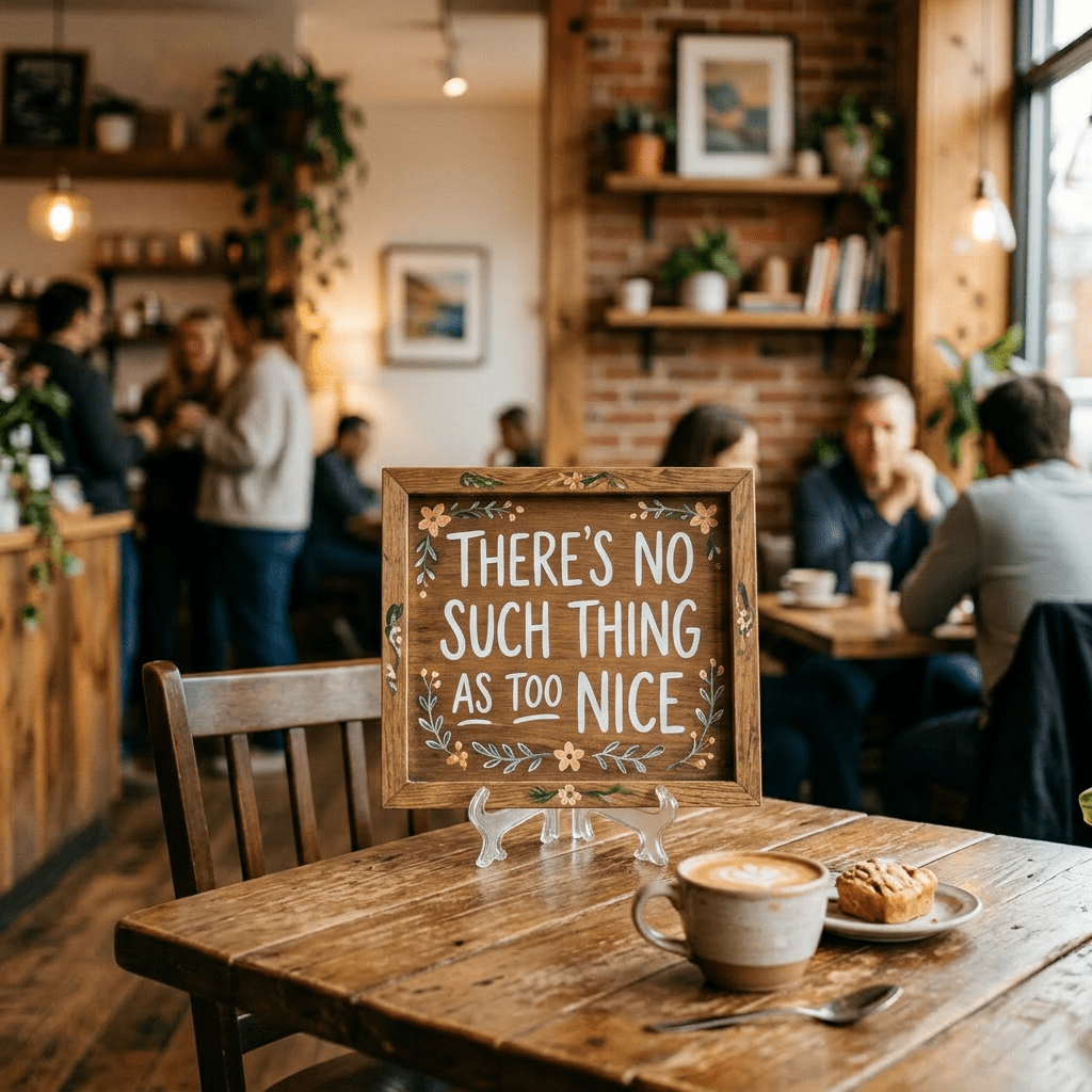 Woman holding a wooden frame sign that says 'There's no such thing as too nice' in a café